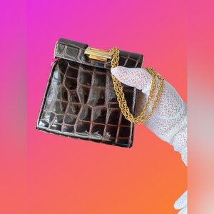 Vintage Y & S brown leather crocodile patent mini Chain Bag